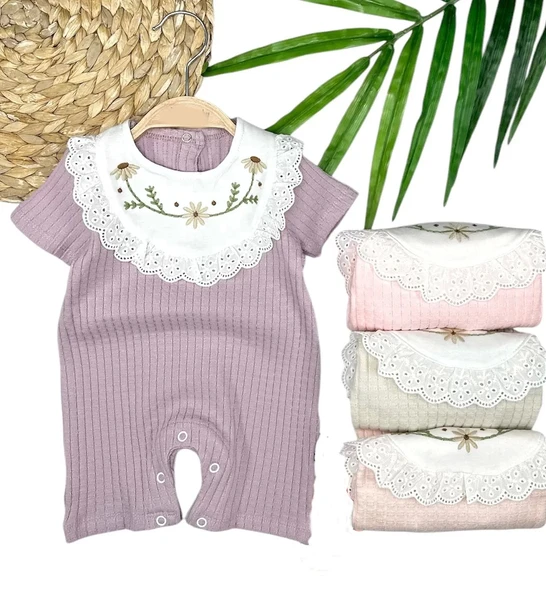 Lenaca 3-6-9-12 Ay Bebe Yaka Çiçek Nakışlı Pamuklu Petek Penye Yazlık Kız Bebek Tulumu ürün görseli