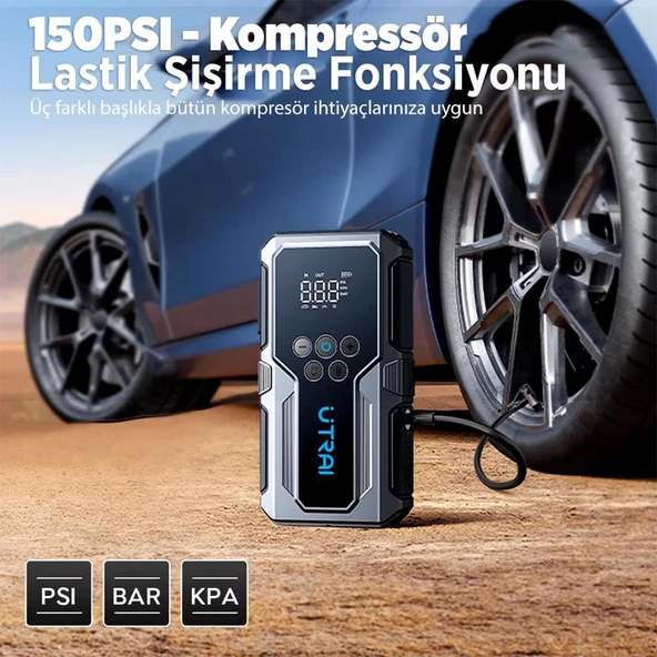 Ayt Utrai JS-9 12-24V Akü Şarj Powerbank Lastik Hava Kompresörü Şişirici Taşınabilir Dijital Kablosuz El Feneri Akü Takviye - 3