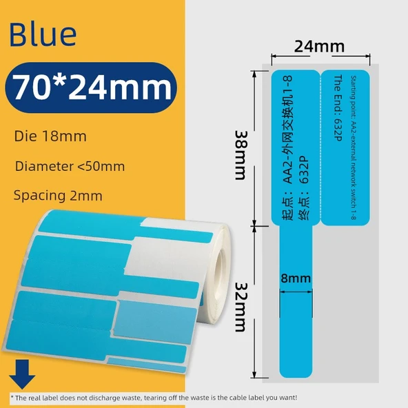 70x24mm Yatay Mavi Kablo Etiket Kağıdı - 250 Yaprak - 2mm Aralık