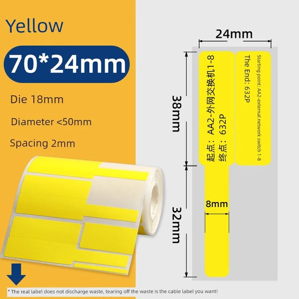 70x24mm Yatay Sarı Kablo Etiket Kağıdı - 250 Yaprak - 2mm Aralık