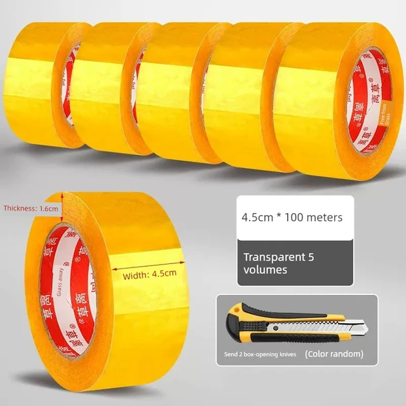 Şeffaf Paketleme Bandı 45mm x 100M - 5 Rulo ve 2 Açma Bıçağı (Model 2)