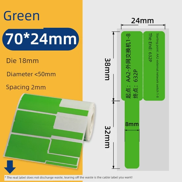 70x24mm Yatay Yeşil Kablo Etiket Kağıdı - 250 Yaprak - 2mm Aralık