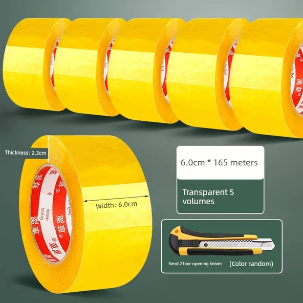 Şeffaf Paketleme Bandı 60mm x 165M - 5 Rulo ve 2 Açma Bıçağı