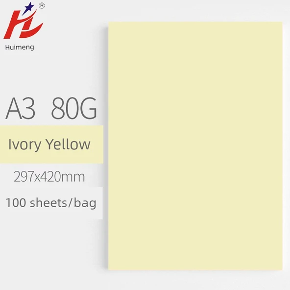 A3 Renkli Fotokopi Kağıdı - 80g - İvory Sarı - 100 Yaprak