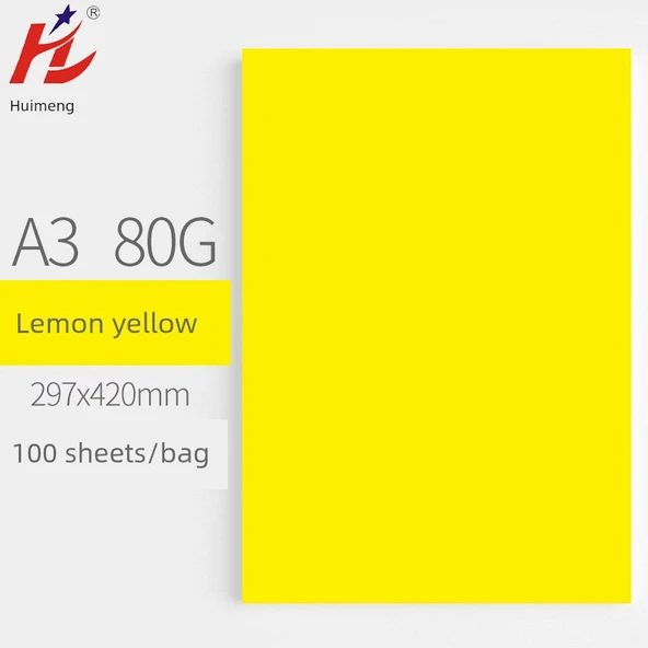 A3 Renkli Fotokopi Kağıdı - 80g - Limon Sarı - 100 Yaprak