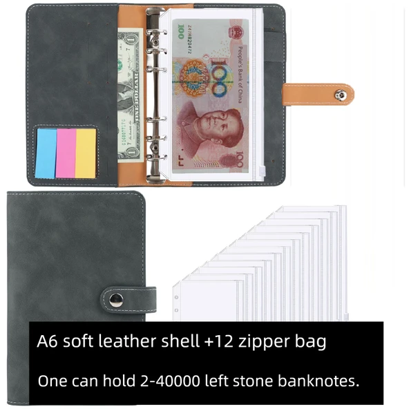 Para Saklama Defteri - Koyu Gri Yumuşak Deri + 12 Fermuarlı Poşet + Etiket