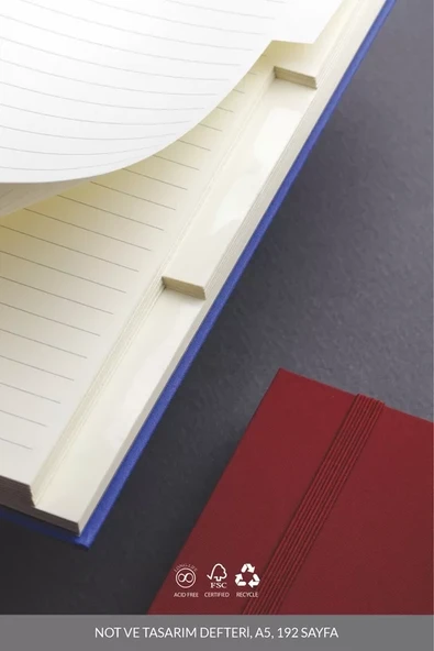 LATON KOLME A5 NOT VE TASARIM DEFTERİ KUMAŞ SERT KAPAK DEFTER 14x21cm 192 YAPRAK KIRMIZI - 2