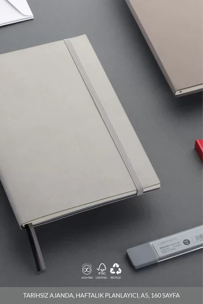 LATON UNELMA A5 TARİHSİZ PLANLAYICI PREMİUM TERMO DERİ YUMUŞAK KAPAK DEFTER 14x21cm 160 YAPRAK AÇIK GRİ - 2