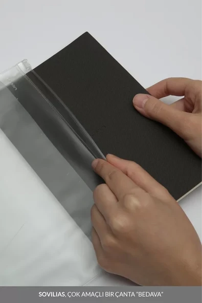 LATON VİİLEA A5 PREMİUM TERMO DERİ YUMUŞAK KAPAK PVC A5 KAYDIRICI ÇANTA,PVC A6 YAPIŞTIRICI CEP DEFTER 14x21cm 96 SAYFA KOYU GRİ - 4