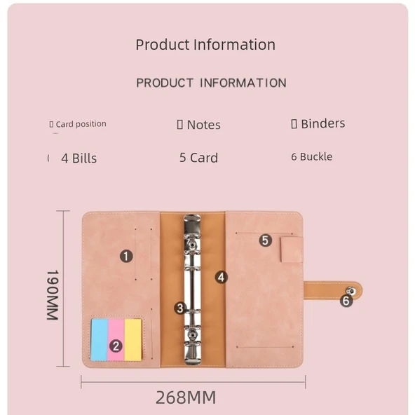 Para Saklama Defteri - Pembe Deri + 12 Fermuarlı Poşet + 12 Bütçe Kartı - 4