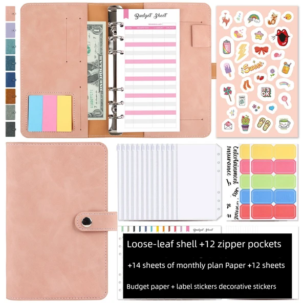 Para Saklama Defteri - Pembe Deri + 12 Fermuarlı Poşet + 12 Bütçe Kartı