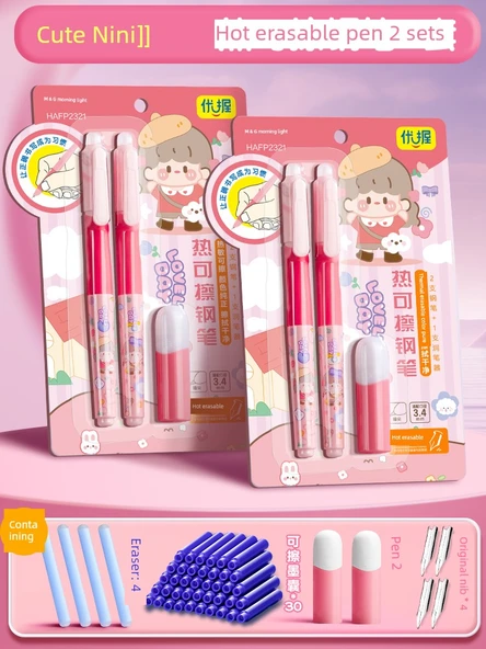 Silinebilir Kalem Seti - Koyu Uç - [Sevimli Nini] 2 Set (kalem * 4 + dolma kalem * 2 + silinebilir kalem * 4)/30 sıcak silinebilir mürekkep torbası - 0.5mm - [Üçüncü nesil]