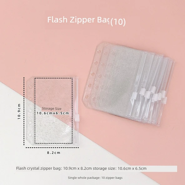 5 Delikli PVC Mini Gevşek Klasör - M5 Aksesuar Parlak Kristal Fermuarlı Çanta (10 Parça)