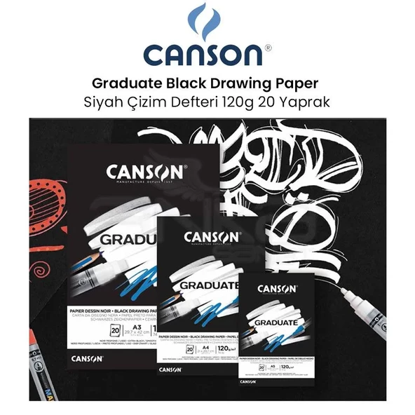 Canson Graduate Black Drawing Paper Siyah Çizim Defteri 120g 20 Yaprak ürün görseli