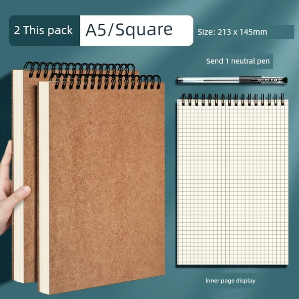 Kahverengi Paket Kağıdı Spiral Defter - 2 Adet - A5 - Kareli