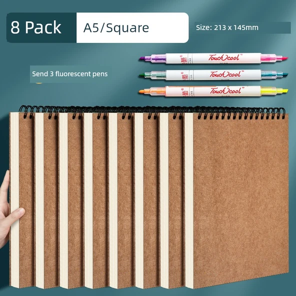 Kahverengi Paket Kağıdı Spiral Defter - 8 Adet - A5 - Kareli