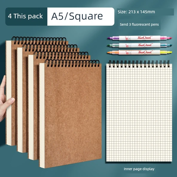 Kahverengi Paket Kağıdı Spiral Defter - 4 Adet - A5 - Kareli