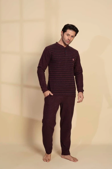 Erkek 3 Düğme Uzun Kol Göğüs Cepli Selanik Kumaş Kışlık Cepli Pijama Takımı - 2