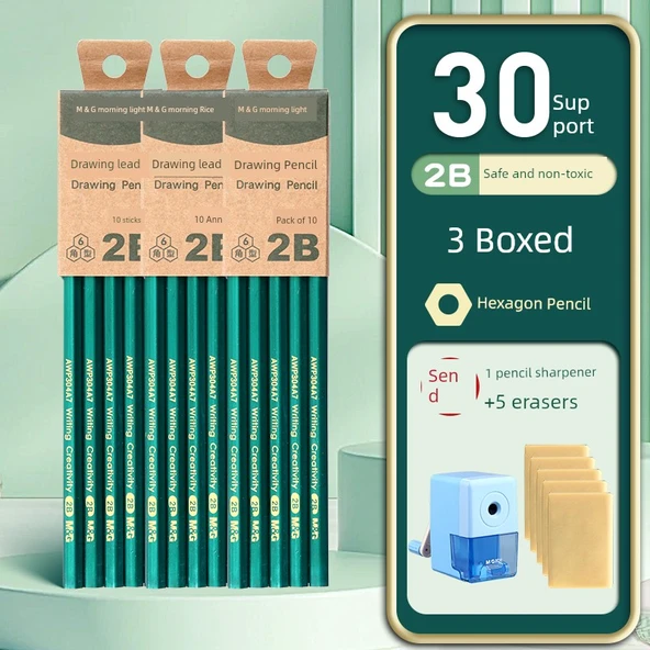 Grafit Kalem - Tek Dal - B Refill - 30 2B Yeşil Kalem + Kalemtraş + 5 Silgi