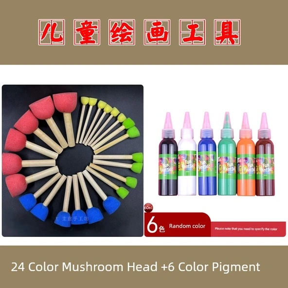 Mantar Şeklinde Sünger Boya Fırçası Seti - 24 Mantar Baş + 6 Renk Pigment