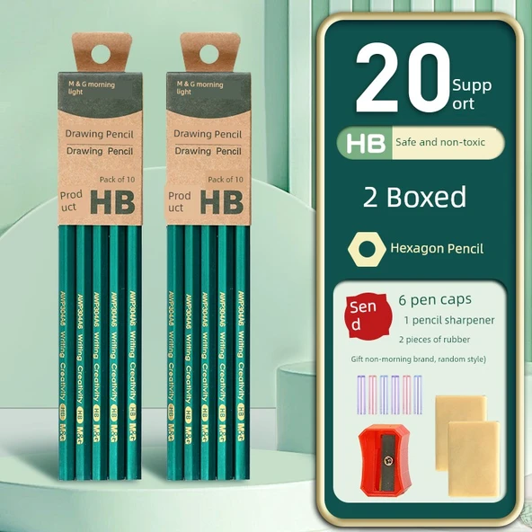Grafit Kalem - Tek Dal - B Refill - 20 HB Kalem + 6 Kapak + Kalemtraş + 2 Silgi