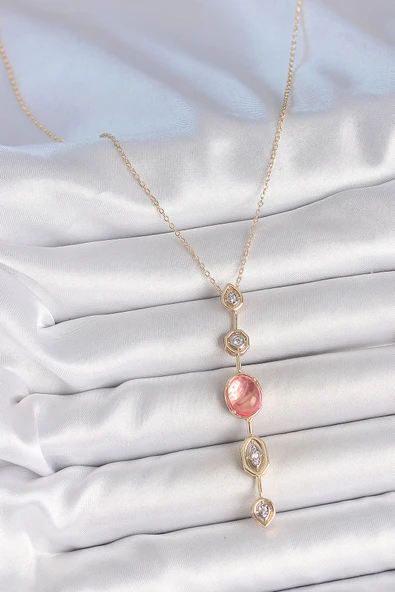 Pirinç Zincir Pembe Gold Renk Zirkon Taşlı Y Kolye - TJ-BKO10231 - Resim 2