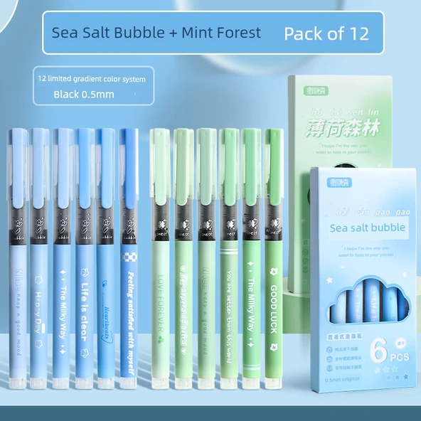 Siyah Sıvı Tükenmez Kalem - 0.5mm - [12'li Paket] Deniz Tuzu Kabarcığı + Nane Ormanı
