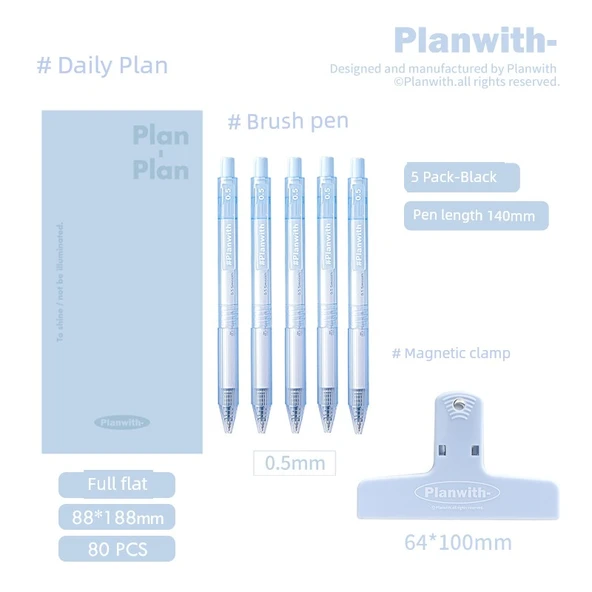 Planwith Saat Girişi Taşınabilir El Hesap Defteri - Mavi + Manyetik Klips Mavi + Fırça Kalem Mavi Beş Paket