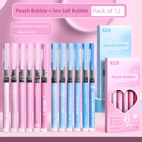 Siyah Sıvı Tükenmez Kalem - 0.5mm - [12'li Paket] Şeftali Kabarcığı + Deniz Tuzu Kabarcığı