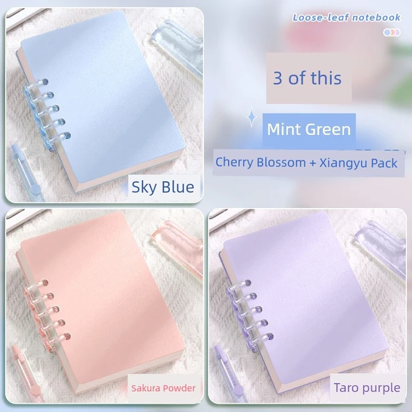 A7 Mini Gevşek Yaprak Defter - 3 Adet/Grayfruit Pudrası + Gökyüzü Mavisi + Hibiskus Moru