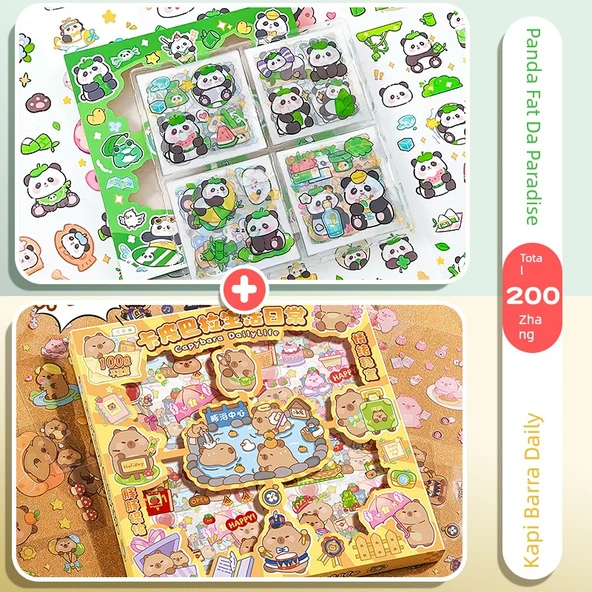 Su Geçirmez Dekoratif Çıkartmalar - [2 Kutuda 200] Panda Pangda + Kapi Bala