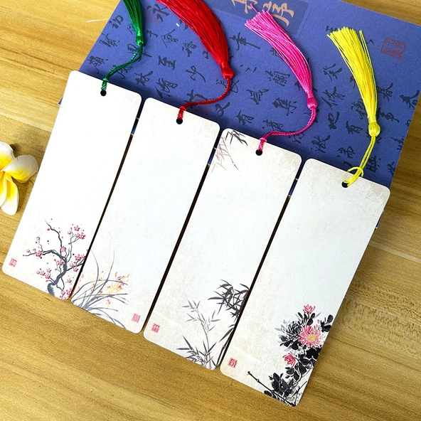Çin Tarzı DIY Boş Ayraç - Şiir Yazma + Delik Açma + Renkli Püsküller - 3
