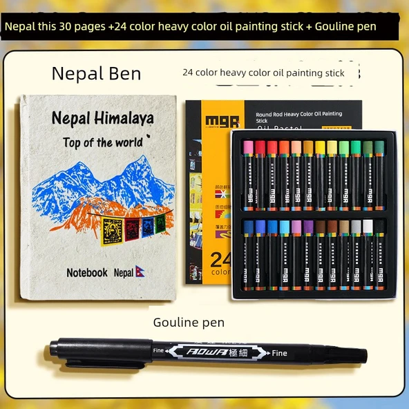 Nepal El Yapımı DIY Defter Malzeme Seti - Orta Kalınlık Zirve - 30+24 Renkli Yağlı Boya Kalemi + Gouline Kalem
