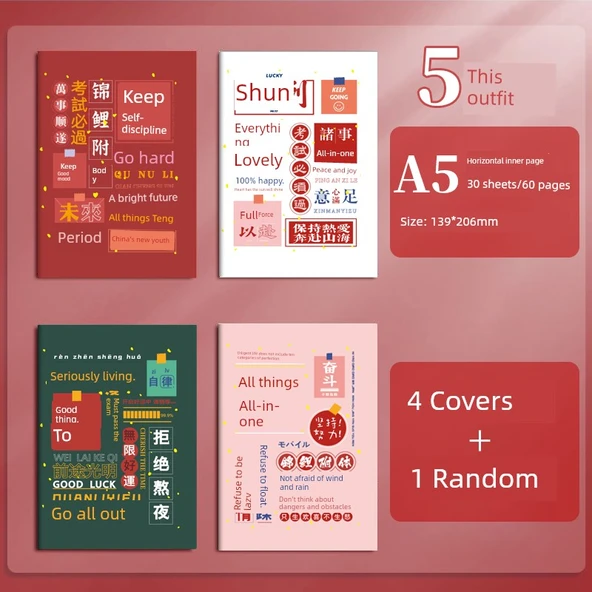 A5 İlham Verici Seri Defteri - 5'li Paket - Yumuşak Kapak - İplik Ciltli