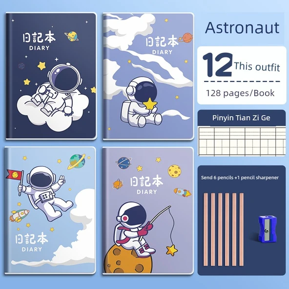Öğrenci Günlüğü Defteri A5 - Kare Izgara - Astronot Pinyin Tian Zi Ge 12 Paket + 10 Kalem + 1 Kalemtraş