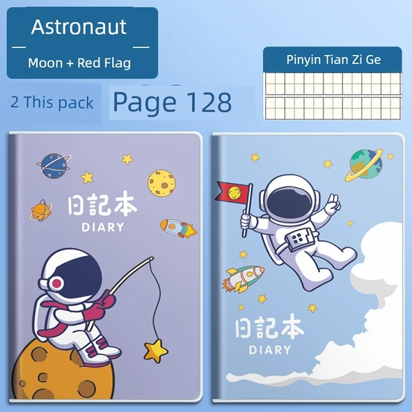 Öğrenci Günlüğü Defteri A5 - Kare Izgara - Astronot Pinyin Tian Zi Ge 2 Paket (Ay + Kırmızı Bayrak)