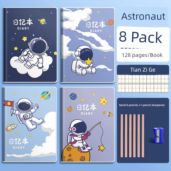 Öğrenci Günlüğü Defteri A5 - Kare Izgara - Astronot Tian Zi Ge 8 Paket + 6 Kalem + 1 Kalemtraş