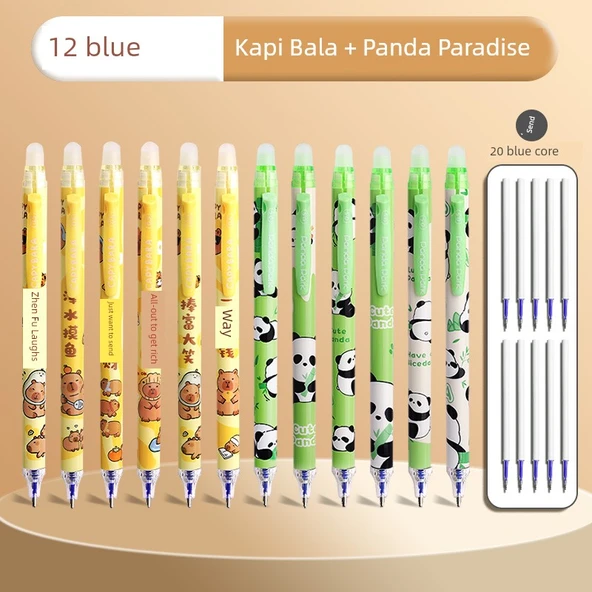 Silinebilir Jel Kalem - Kappi Bala + Panda Cenneti - 12 Mavi (20 Yedek Mavi) - 0.5mm