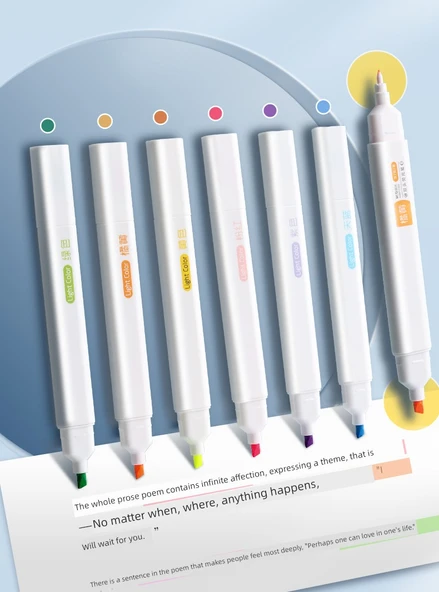 İkili Uçlu Vurgulayıcı Kalem Seti - Kare Sap - Fluoresan Renk Sistemi - 6 Renk - 8