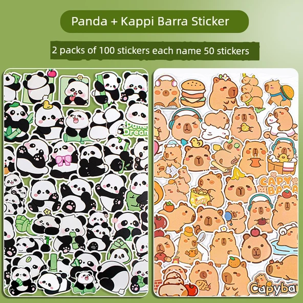 Kapibara Panda Çıkartmaları - 100 Adet Kabi Bala + Panda/Her biri 50 Adet