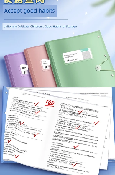 A3 A4 Test Kağıdı Depolama Klipsli Klasör - 6 Paket/Mavi * 3 + Yeşil * 3 - 40 Sayfa - 80 Pozitif ve Ters Paket - Flüoresan Kalem + Konu Etiketi - 9