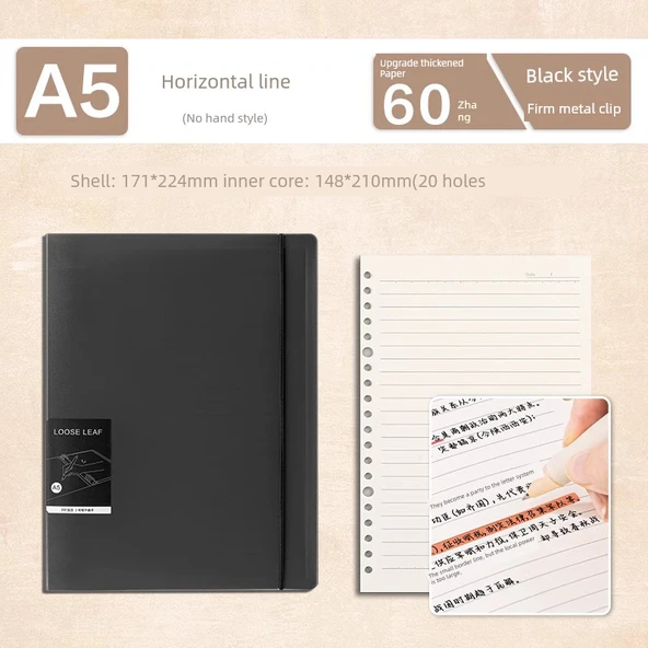 A5 Yatay Çizgi Siyah 1 Yenilenebilir Yaprak Defter