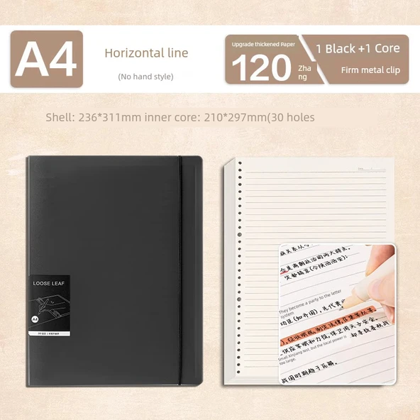 A4 Yatay Çizgi Siyah 1+1 Çekirdek Yenilenebilir Yaprak Defter