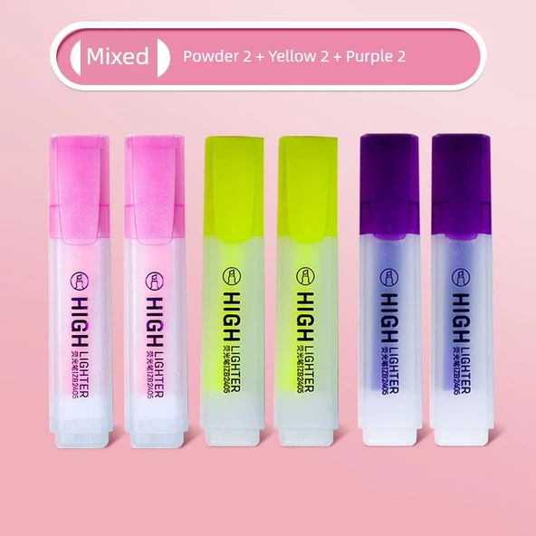 Fluoresan Vurgulayıcı Kalem Seti - 6 Renk - Pembe 2, Sarı 2, Mor 2
