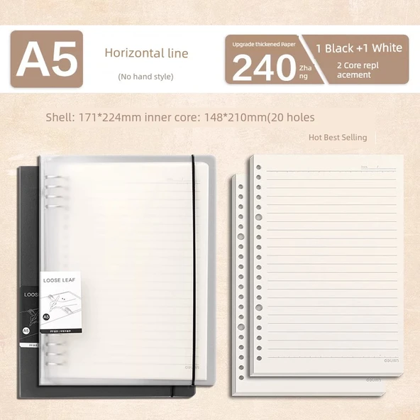 A5 Yatay Çizgi Siyah Beyaz 2+2 Çekirdek Yenilenebilir Yaprak Defter