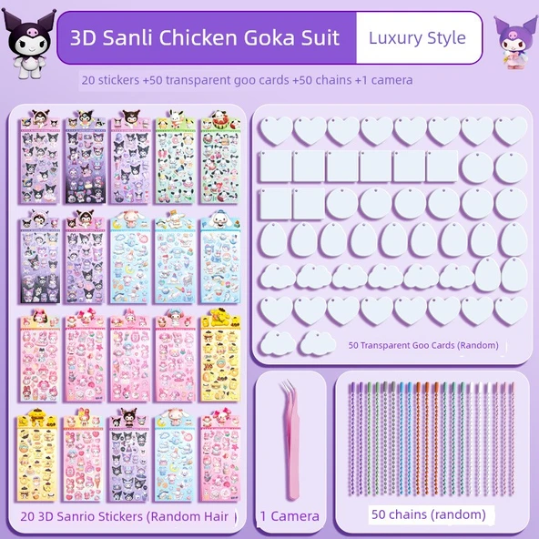 3D Sanrio Goo Kart Takımı - Lüks [DH-C] - 20 Çıkartma + 50 Şeffaf Goo Kart + 50 Zincir + 1 Cımbız
