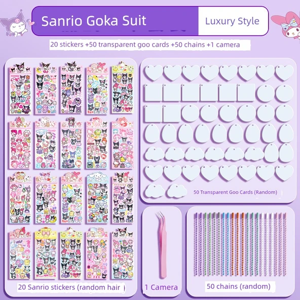 Sanrio Goo Kart Takımı - Lüks [501] - 20 Çıkartma + 50 Şeffaf Goo Kart + 50 Zincir + 1 Cımbız