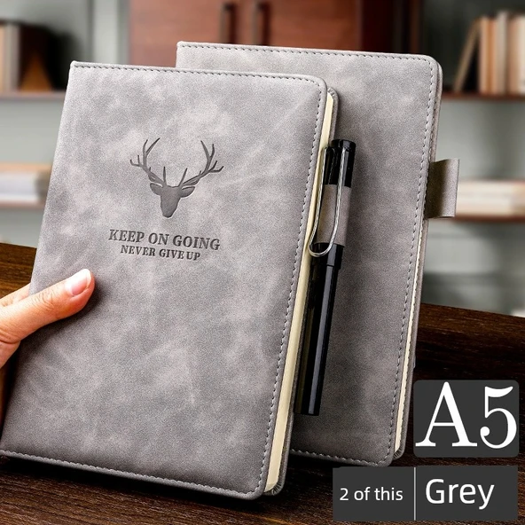 A5 Deri İş Not Defteri - Gri - 2 Defter 2 Nötr Kalem