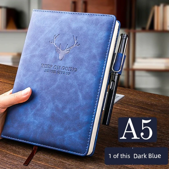 A5 Deri İş Not Defteri - Koyu Mavi - 1 Defter 1 Jel Kalem