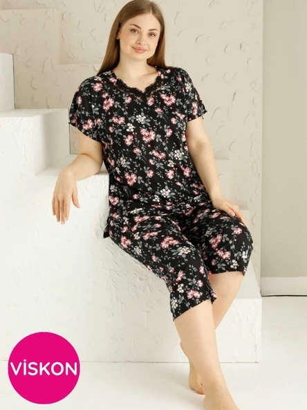 Anne Kalıp Tunik Büyük Beden Kapri-Battal Beden Dantel Detay Kısa Kol Viskon Bermuda Pijama Takımı - 2